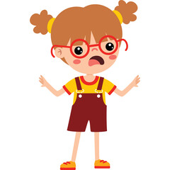 Surprised Cartoon Girl With Pigtails Wearing Red Glasses Yellow Shirt and Red Overalls Standing with Arms Outlined Against a Transparent Background