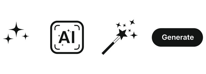 Generative AI Icons and Buttons Set. Artificial Intelligence Creation, Magic Enhancement, and Content Generation Vector Symbols.