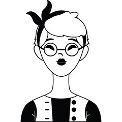 Stylized young woman with glasses and retro hairstyle wearing a vest and black shirt with a neutral expression and a black bow in her hair on a transparent background