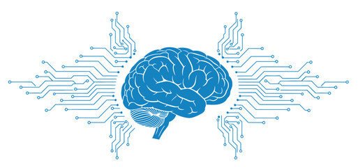 Digital Brain and Artificial Intelligence Concept. Machine Learning, Neural Network, and Technology Circuitry Connecting with Human Mind Vector Illustration.