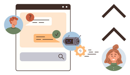 AI chatbot in a chat interface answers user queries, with avatars and arrows indicating user interaction. Ideal for communication, support, automation, AI, user experience, technology, networking