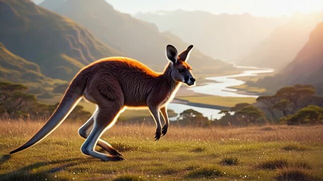 Kangaroo standing in a grassy field with mountains and a river in the background at sunrise kangaroo video