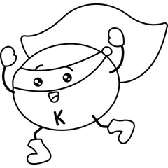 Super Character With Cape And Letter K On Chest Running In Joyful Pose Simple Line Drawing On Transparent Background