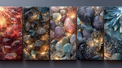 Abstract artwork featuring colorful gemstones and sparkling golden light effects for design