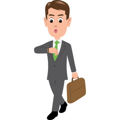 Surprised Businessman in Dark Gray Suit and Green Tie Checks Wristwatch While Carrying Brown Briefcase White Background