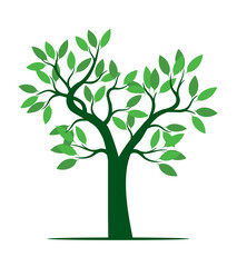 A tree drawn by hand. Green leaves on branches and curved trunk. Vector Illustration.