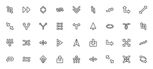 Arrow icon set. Vector line icons pack. Featuring oposite, forward, up down, trn, double arrow, cursor, otate, shuffle, download, ransfer, maximize, minimiz, share and more.