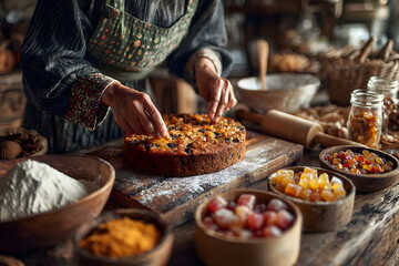Obraz premium young woman's hands cooking christmas fruit cake. Wooden table with baking ingredients.