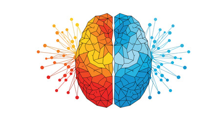 Polygonal Left and Right Brain Hemispheres. Logic, Creativity, and Duality of Mind Concept with Network Connections Vector Illustration.
