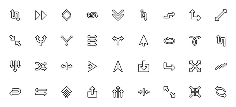 Arrow icon set. Vector line icons pack. Featuring oposite, forward, up down, trn, double arrow, cursor, otate, shuffle, download, ransfer, maximize, minimiz, share and more.