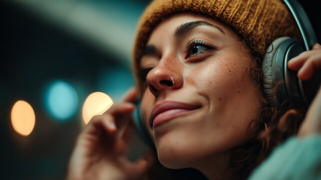 A young woman with a beanie and headphones listens to music, illuminated by bokeh lights in the background. She looks up in contentment.