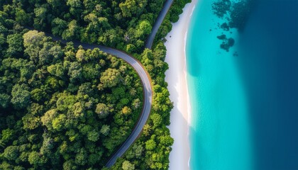 The breathtaking landscape features a view of the sea and coast from the top of a mountain, highlighting nature, travel, and a tropical summer vacation