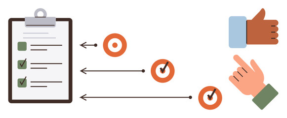Checklist with completed tasks, arrow flow to target icons, hand gestures for approval and navigation. Ideal for planning, productivity, workflow, strategy, teamwork decision-making. Simple flat