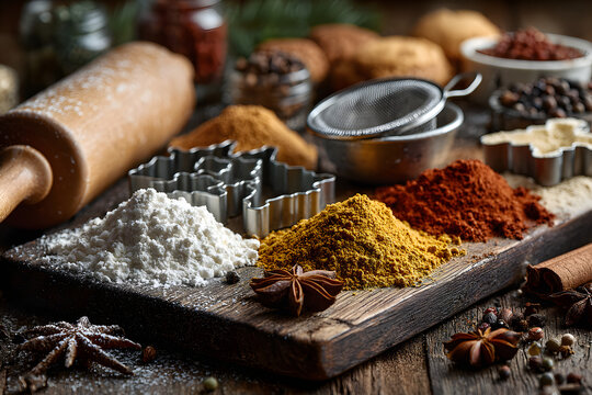 Christmas baking background, bake ware, spices, cookie cutters - stars, angel and fir tree, sieve, sugar powder and a rolling pin. Old wooden boards - Powered by Adobe