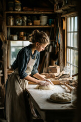 Young woman, dressed in rustic attire, is kneading dough on a wooden table in a cozy kitchen, surrounded by jars and tools, showcasing traditional baking techniques and craftsmanship