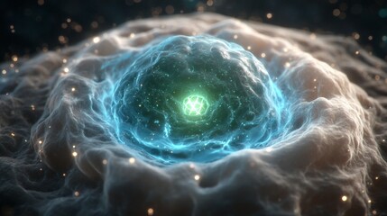 a stylized rendering of an intricate blue and green geometric pattern in the center of a rocky surface