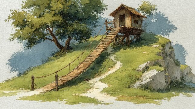 Fototapeta Watercolor depicts a simple cabin atop a hill, connected by a rope bridge