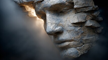a unique, carved statue of a human face illuminated by a beam of light