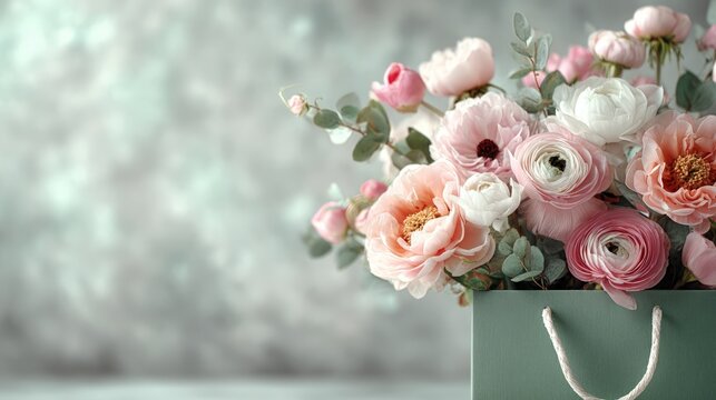 Delicate ranunculus bouquet in paper gift bag, copy space
