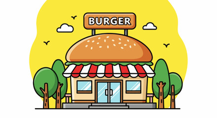 Colorful burger shop illustration with bright design and modern exterior. Perfect for food business, restaurant branding, fast food, and digital marketing visuals.