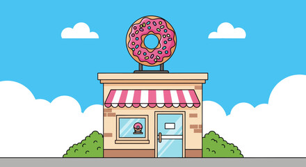 Colorful donut shop illustration with pink frosted donut sign, striped awning, and blue sky background. Perfect for bakery, dessert, or cafe branding design.