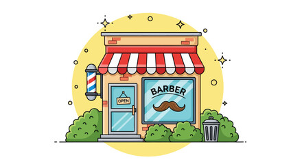 Colorful barbershop illustration with red and white awning, mustache logo, and classic barber pole. Perfect for salon, haircut, grooming, or small business design concepts.