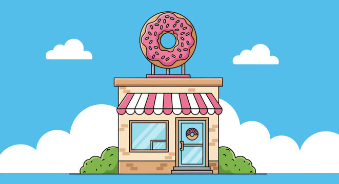 Colorful donut shop illustration with pink frosted donut sign, striped awning, and blue sky background. Perfect for bakery, dessert, or cafe branding design.