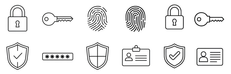 Security and Access Control Line Icon Set. Padlock, Biometric Fingerprint, Password, Shield Protection, and User ID Card Vector Outline Symbols.