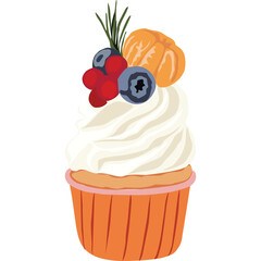 Sweet vanilla frosted cupcake topped with fresh blueberries red currants tangerine slice and rosemary garnish in vibrant orange wrapper isolated on white
