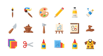 Icons depict art supplies including brushes paint paper glue tools against a white background