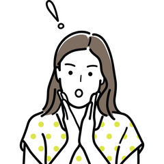 Surprised Woman With Open Mouth and Wide Eyes Touching Her Cheeks With Hands Exclamation Mark Above Head In Casual Polka Dot Shirt Isolated On White Background