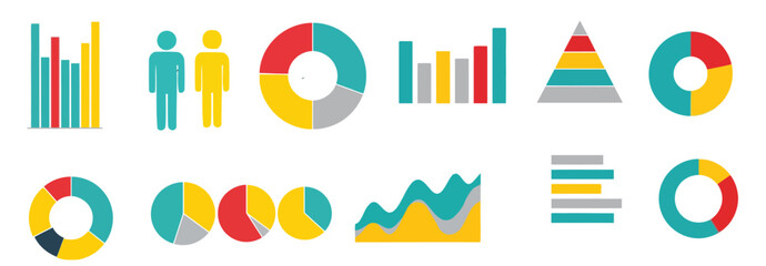 Data Visualization and Infographic Chart Set. Bar Graph, Pie Chart, Population Figures, and Financial Statistics Vector Flat Icons.