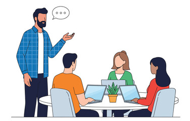 Casual Team Briefing and Work Discussion. Manager Speaking to Employees During Collaborative Project Meeting Vector Flat Illustration.