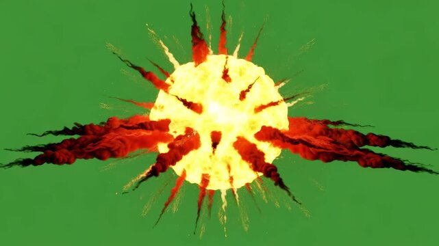 Bright yellow explosion blast with fiery red particles erupting and expanding on green screen for chromakey footage.