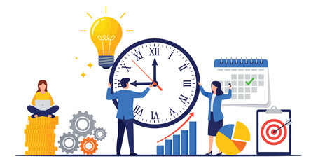 Time Management and Business Productivity Concept. People Planning Tasks, Optimizing Work Flow, Reaching Goals, and Saving Time Vector Flat Illustration.