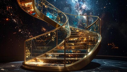 A golden, spiraling staircase stands before a cosmic, starry backdrop, creating a luxurious and celestial