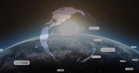 Floating 3D Earth rendering displaying digital mesh overlay and data bubbles in outer space