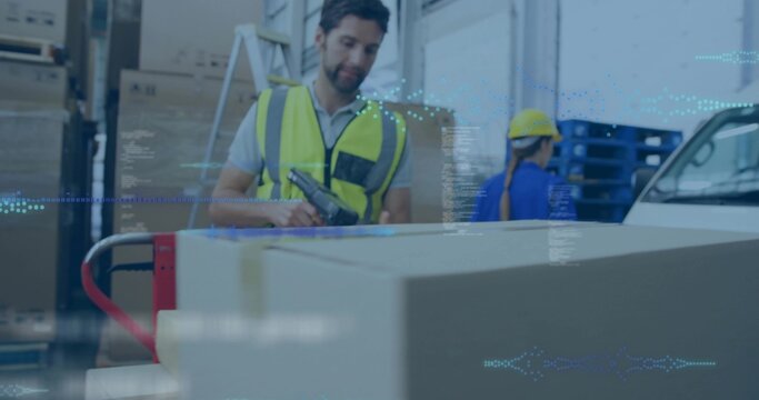 Warehouse worker scanning cardboard box with barcode scanner on trolley, with racks and pallets - Powered by Adobe