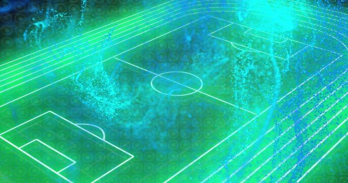 Rendering soccer field glowing pitch markings in tech space with particle streams, dot grid overlay