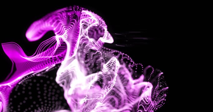 Swirling neon ribbons dancing in digital void, with point clouds and wave filaments