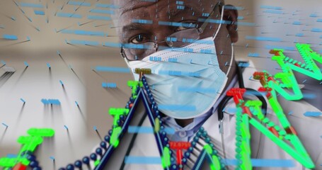Senior male doctor in lab coat and mask studying digital DNA helix in corridor with stethoscope
