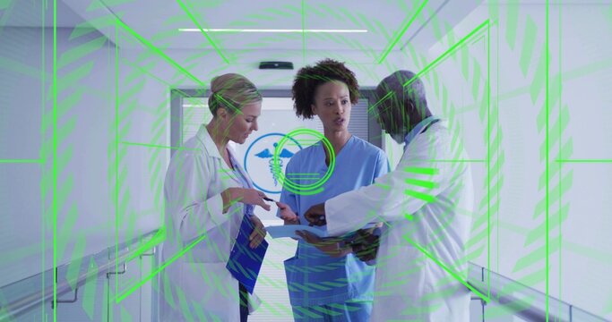 Examining medical team reviewing charts in hospital corridor with clipboard and stethoscope overlay - Powered by Adobe