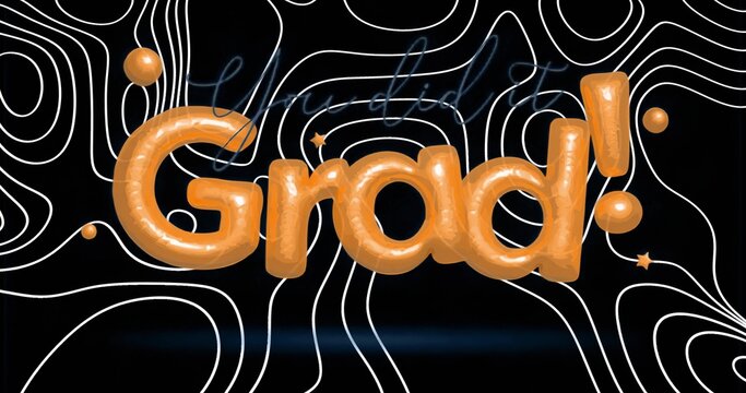 Naklejki 3D orange Grad! floating in dark graphic, with white contours orange spheres stars blue cursive