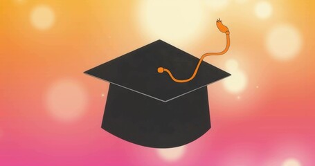 Floating stylized graduation cap hovering against warm gradient backdrop, with orange tassel
