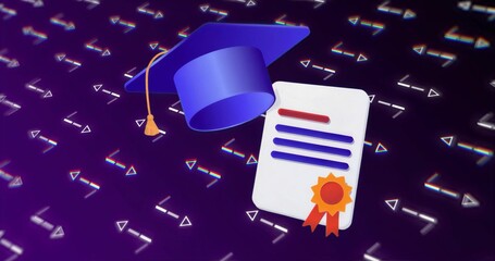 Floating blue cap with yellow tassel and diploma with ribbon over purple backdrop, glitch icons