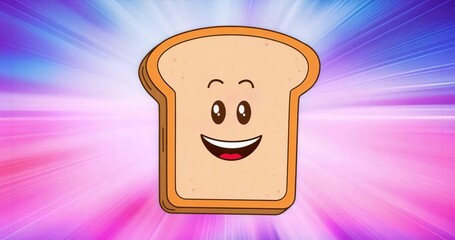Smiling cartoon bread slice with face glowing against radial gradient backdrop, with happy look