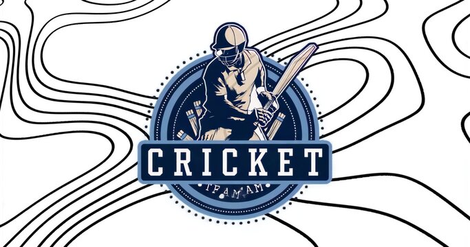 Displaying cricket batsman standing on circular badge wearing helmet, with bat, stumps, and banner