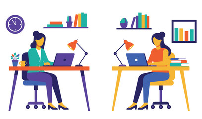 Women Working in the Office or Coworking Space. Female Colleagues Sitting at Desks with Laptops. Corporate Business Teamwork and Collaboration Vector Flat Illustration