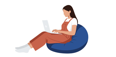 remote, work, working, freelance, woman, female, person, homeoffice, lifestyle, cozy, comfortable, beanbag, chair, soft, furniture, relaxation, laptop, computer, technology, internet, online, job, bus