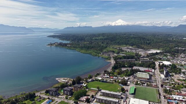 Aerial view of the city of Villarrica, Araucan&iacute;a, Chile. Villarrica volcano in the background.